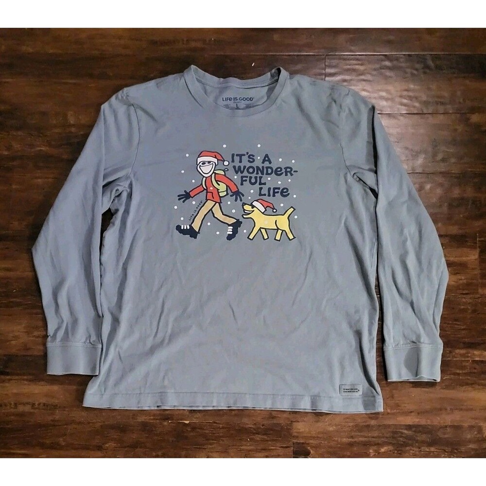 Life is Good It's A Wonderful Life Crusher Tee Large Blue Long Sleeve Christmas